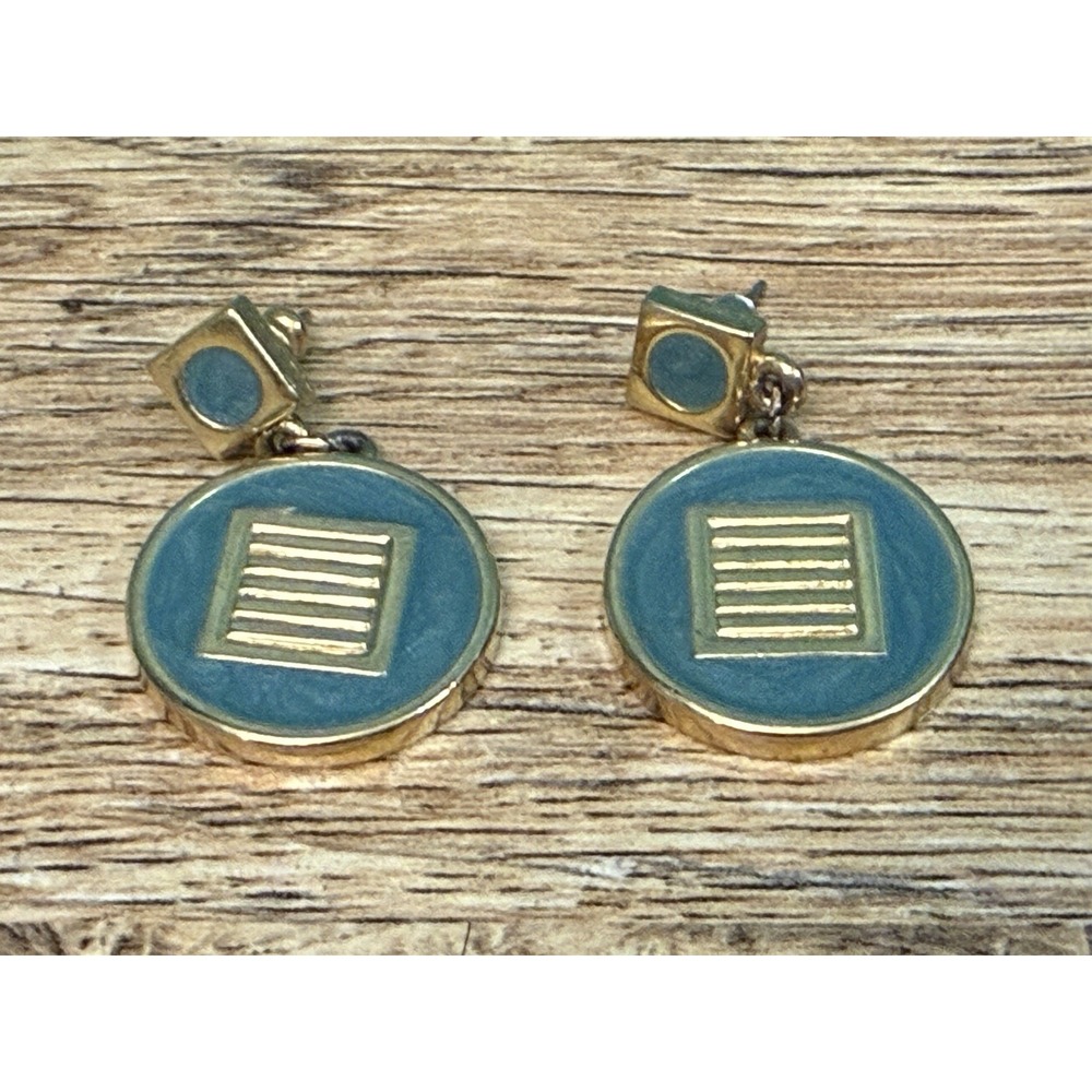 Vintage‎ Trifari Womens Gold Blue Enamel Earrings Pierced 50s 60s Signed